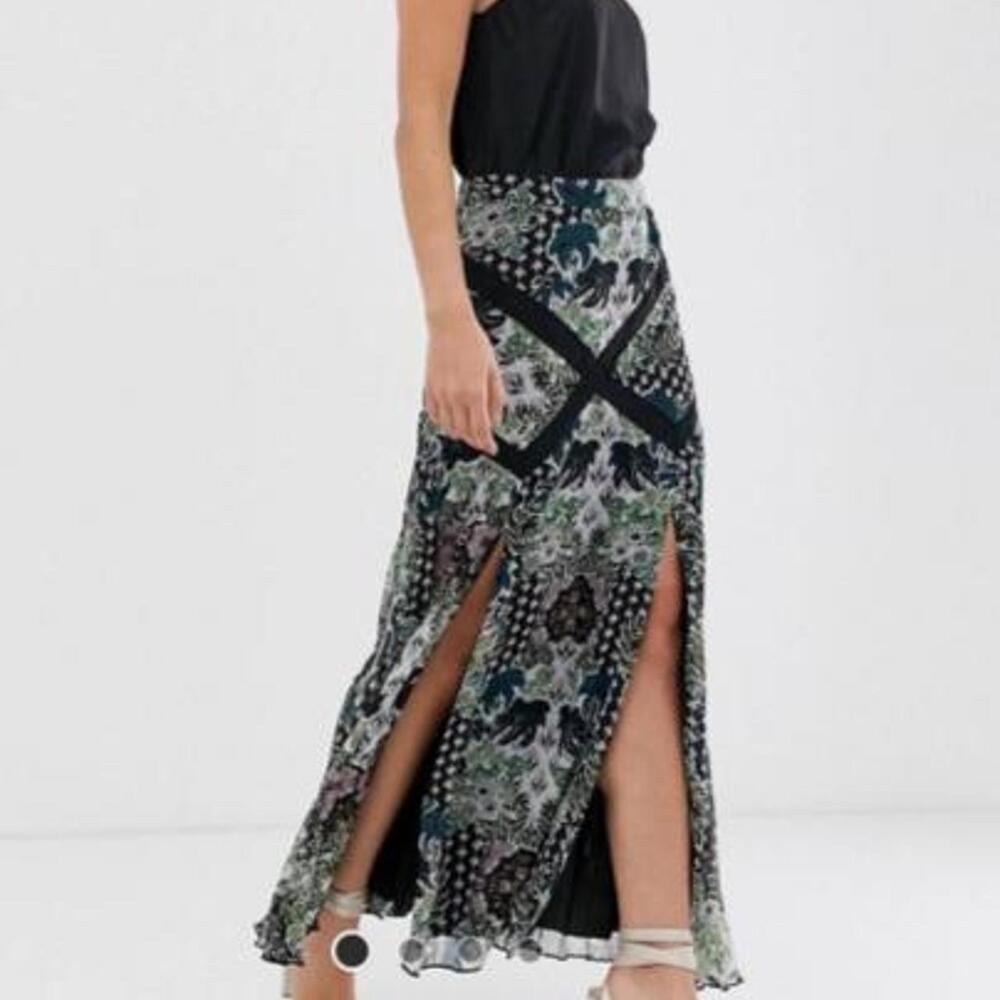 ASOS Maxi Skirt with floral and geometric print in black, green, and white